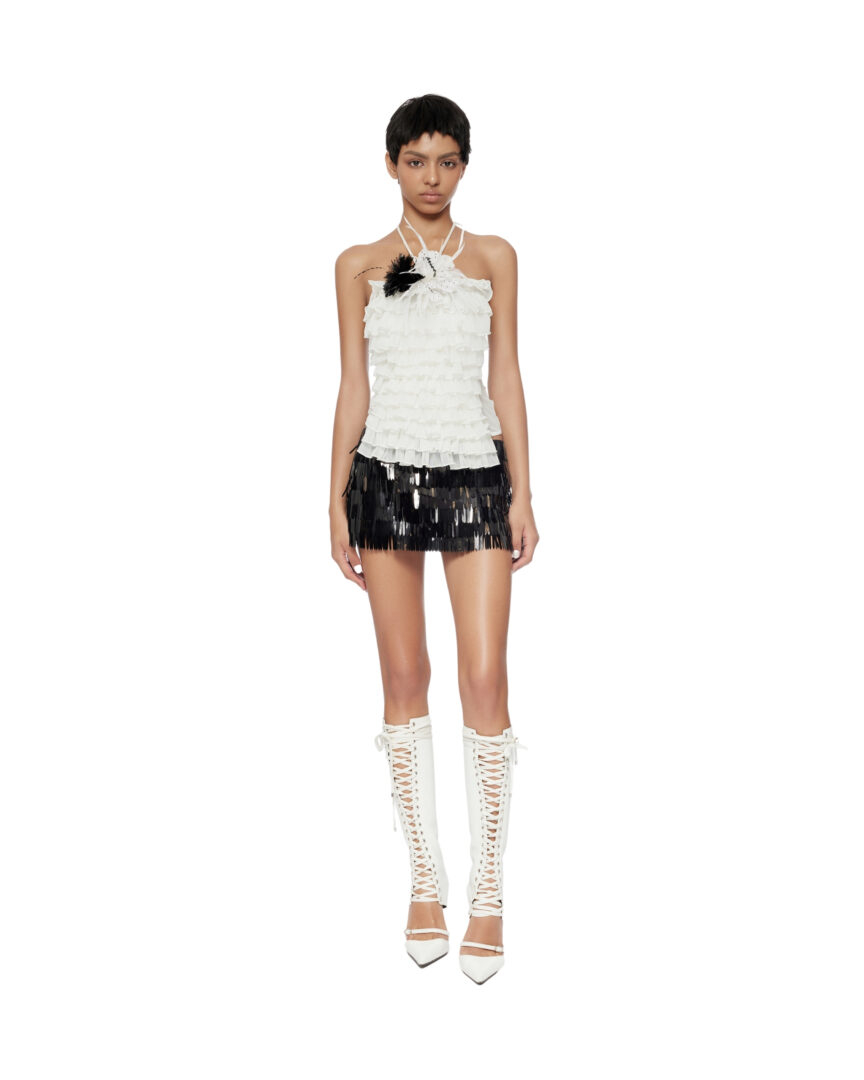 black and white ruffle top